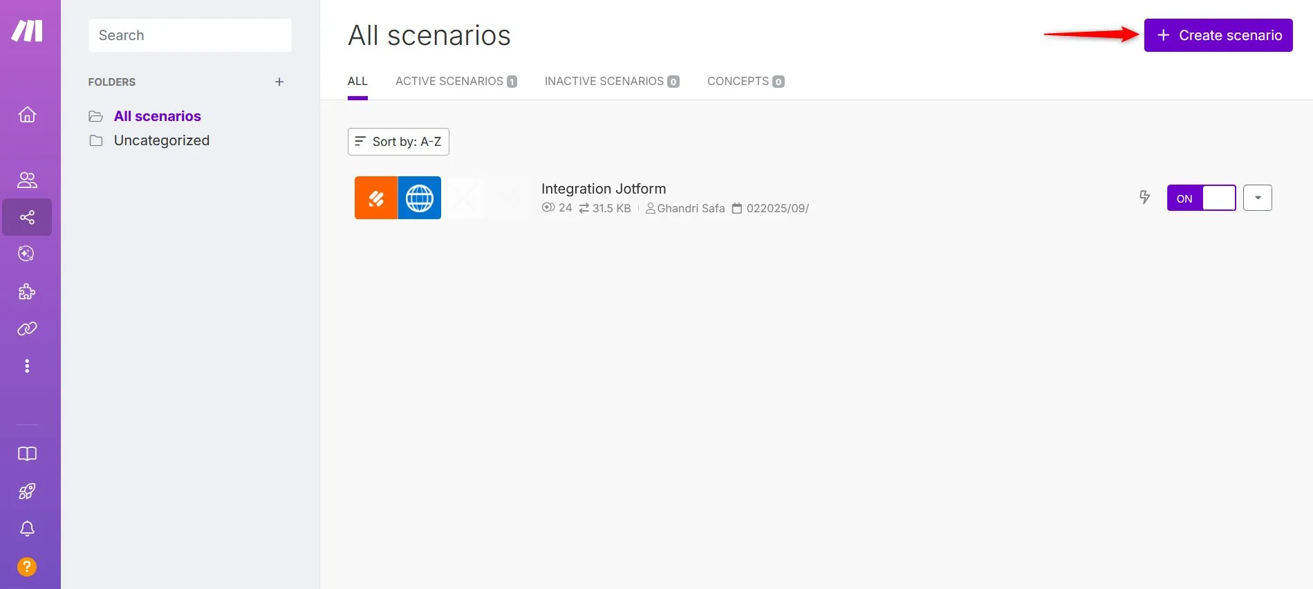 Make.com dashboard Create a New Scenario button