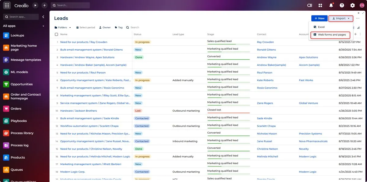 Creatio Lead section Import menu with Web forms and pages option