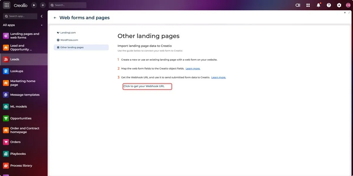 Creatio web form integrations list with Get your webhook URL button