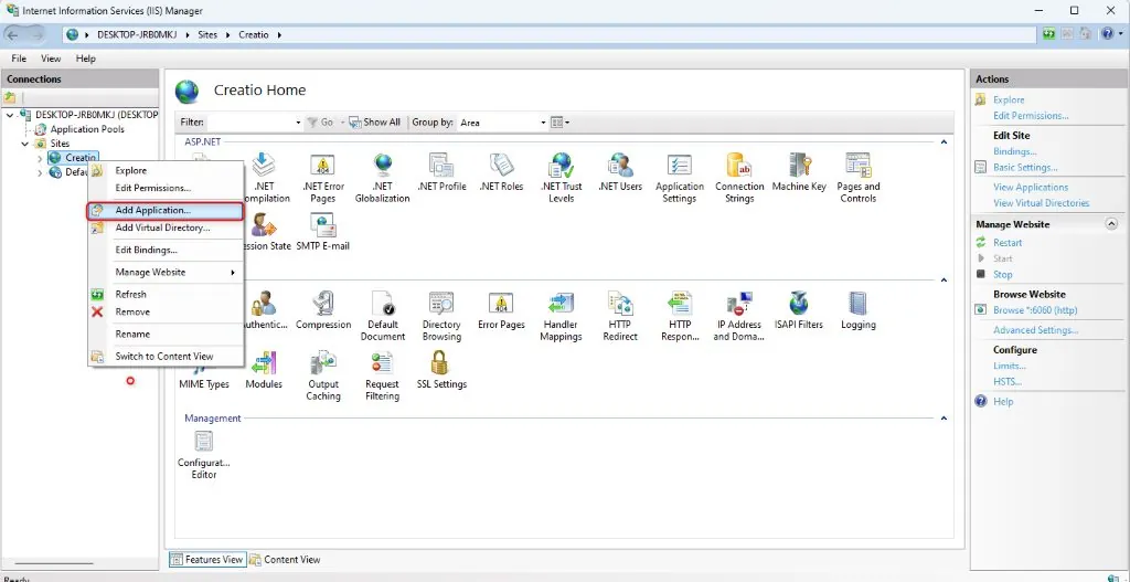 IIS Manager right-click menu with Add Application option